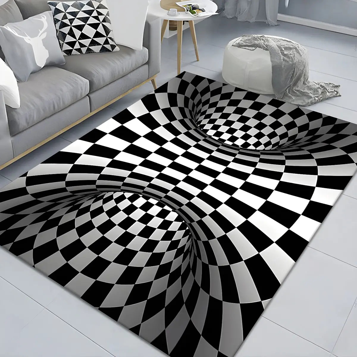 3D Illusion Polyester Black White Rectangle Area Rug Image - 7