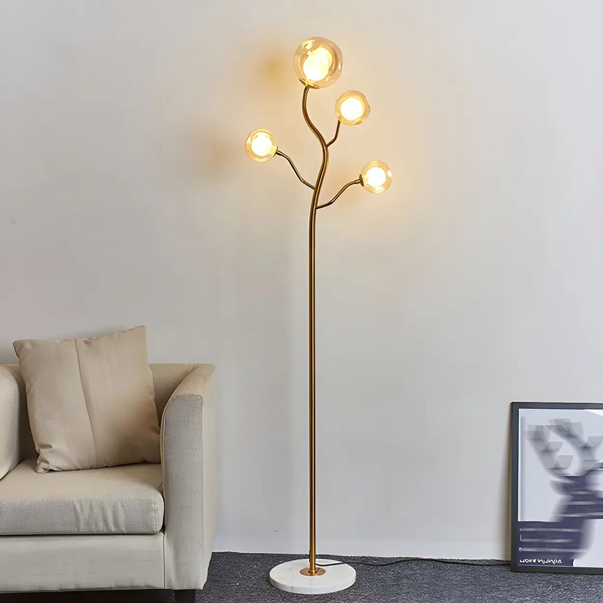 4-Light Modern Glod Tree Glass Globe LED Floor Lamp Image - 1