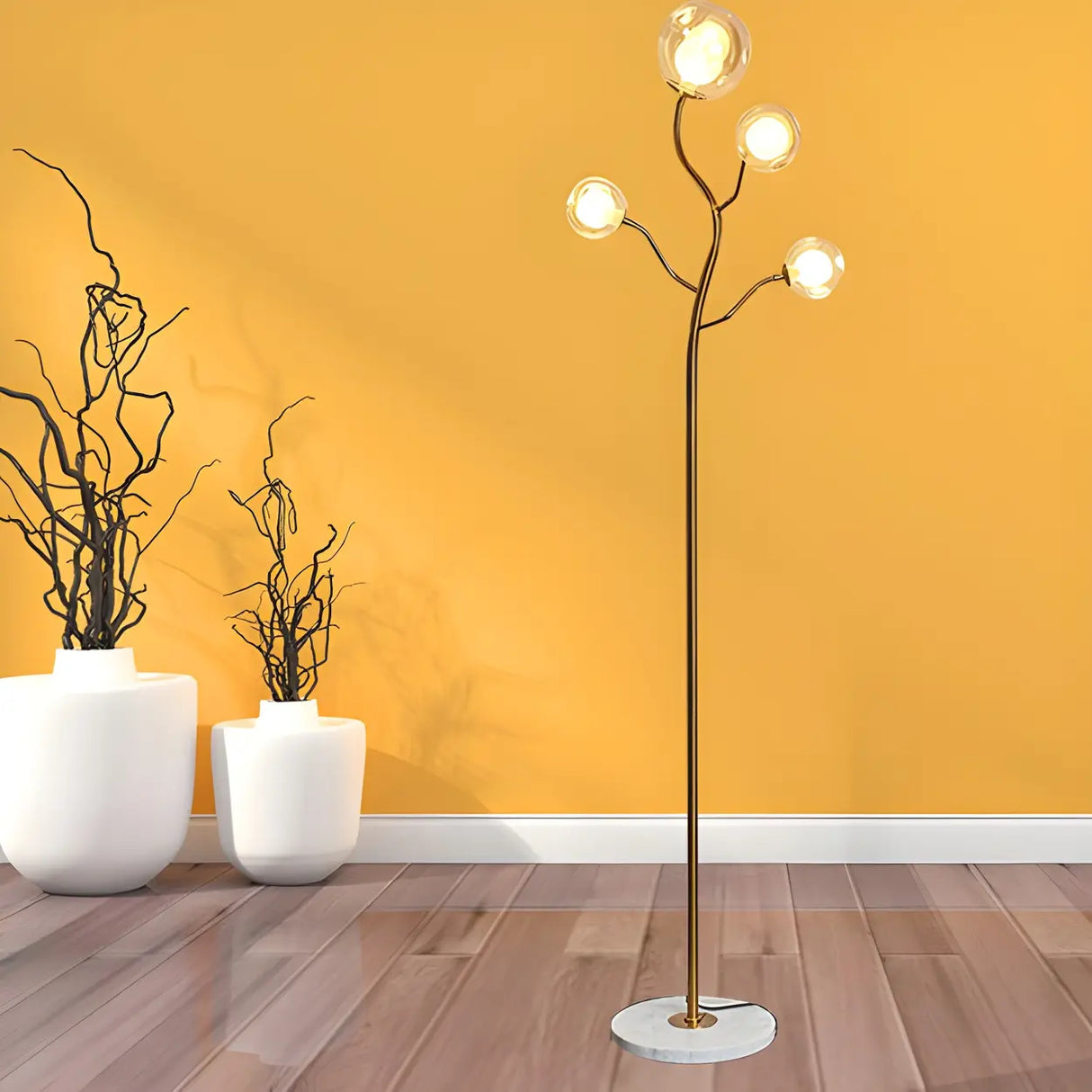 4-Light Modern Glod Tree Glass Globe LED Floor Lamp Image - 14