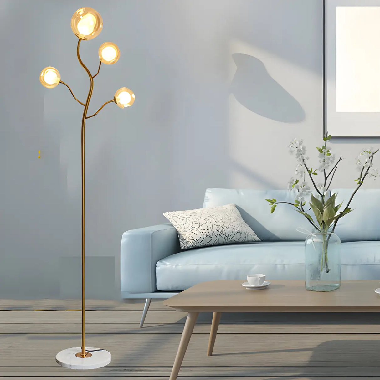 4-Light Modern Glod Tree Glass Globe LED Floor Lamp Image - 15