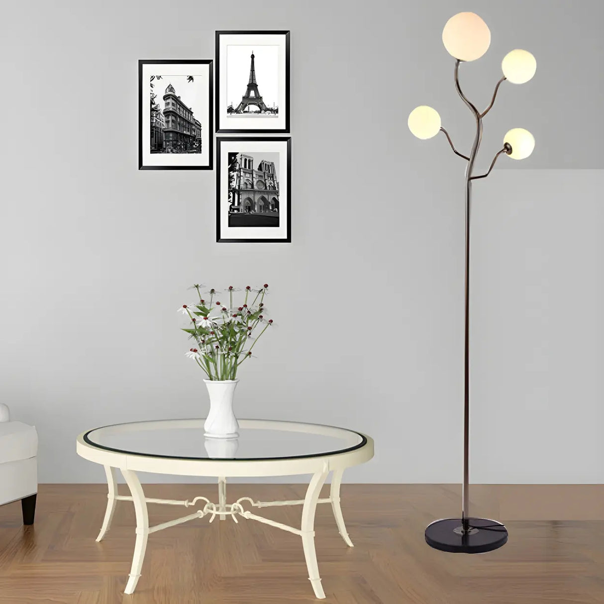 4-Light Modern Glod Tree Glass Globe LED Floor Lamp Image - 3