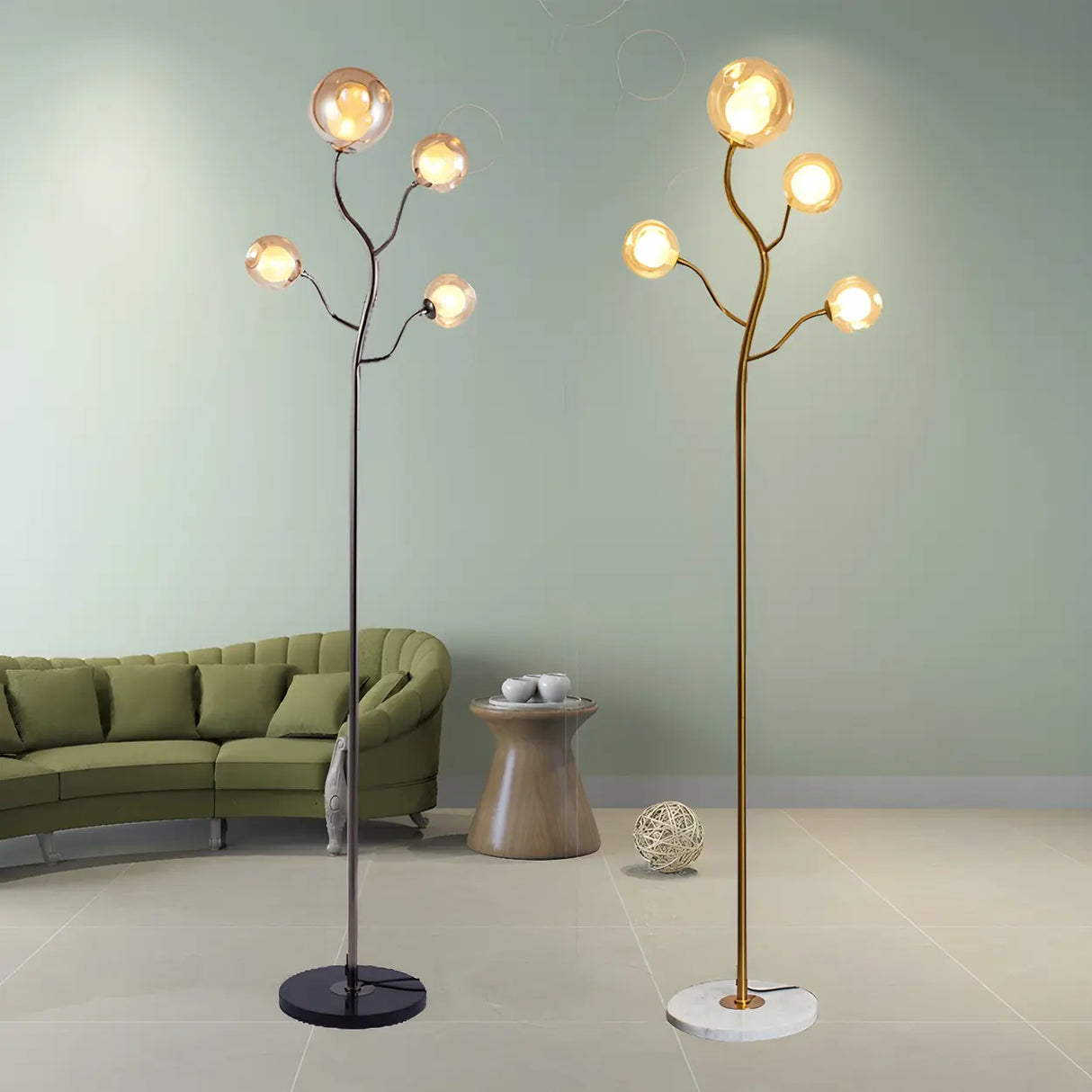 4-Light Modern Glod Tree Glass Globe LED Floor Lamp Image - 4