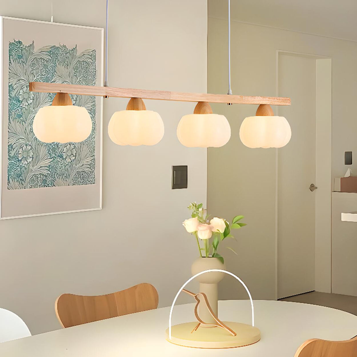 4-Light Pumpkin Wooden Modern Island Pendant Light Image - 4