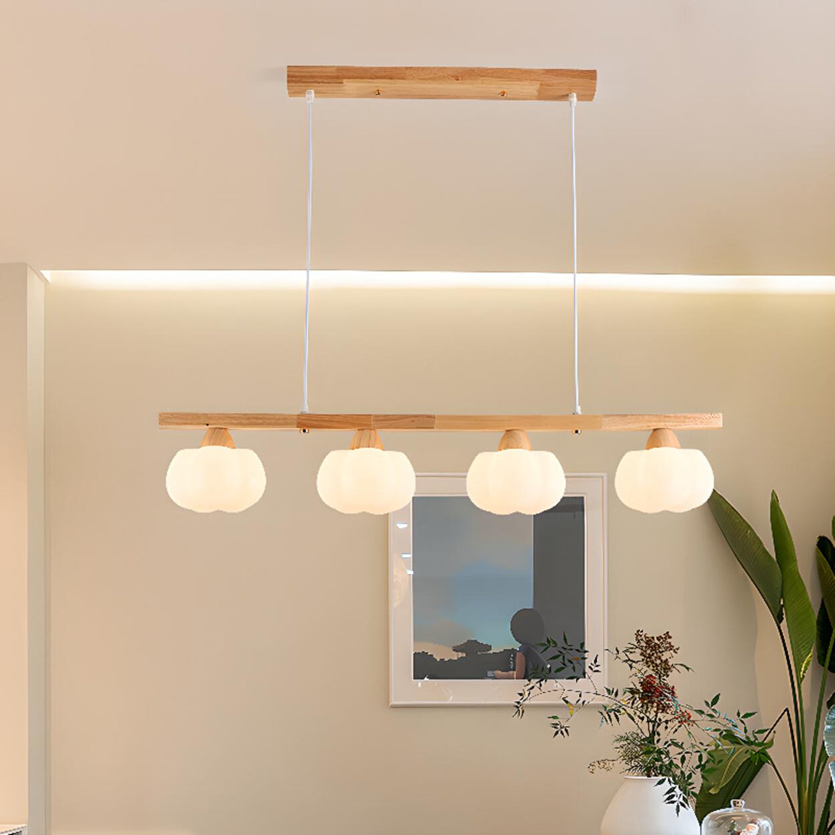 4-Light Pumpkin Wooden Modern Island Pendant Light Image - 5