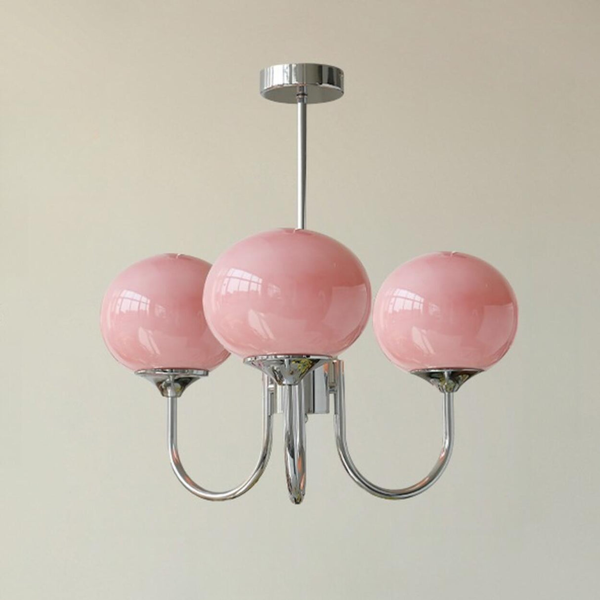 5-Light Modern Brass and Glass Globe Pink Chandelier Image - 10
