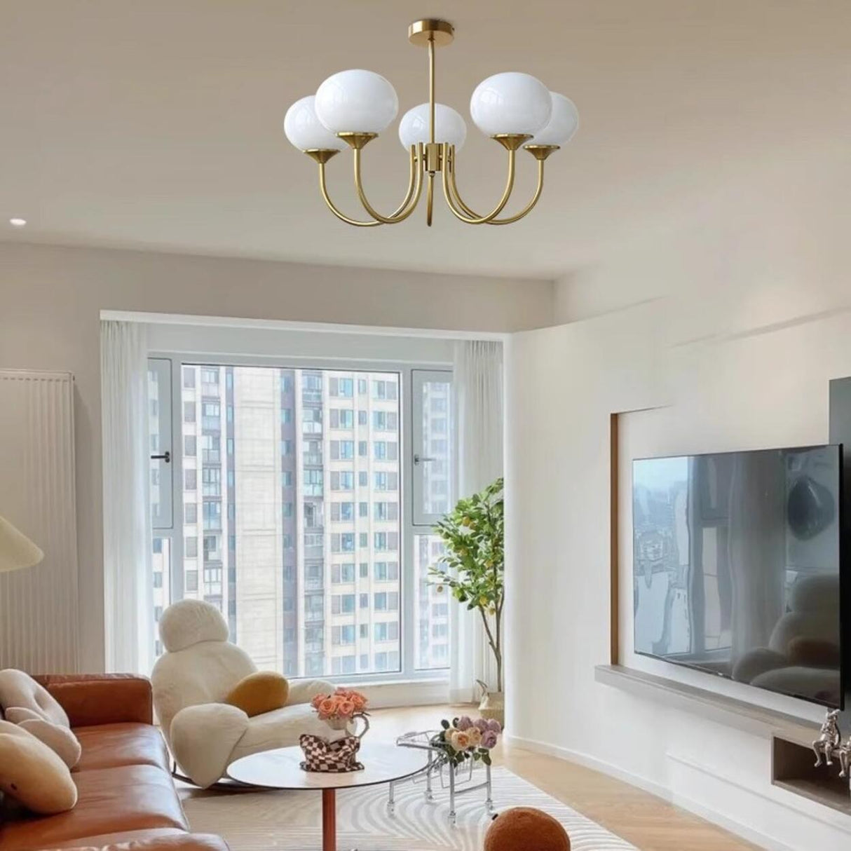 5-Light Modern Brass and Glass Globe Pink Chandelier Image - 3