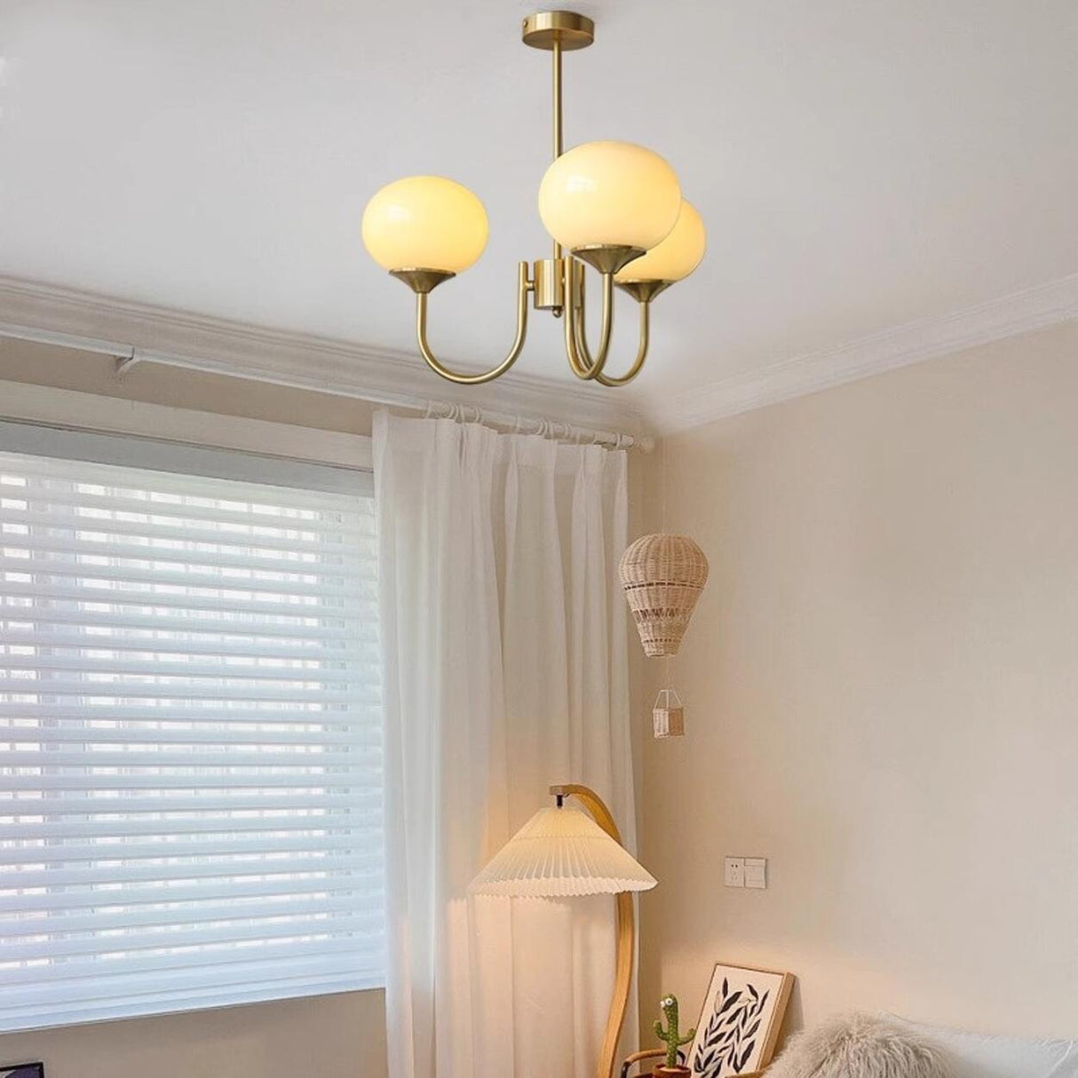 5-Light Modern Brass and Glass Globe Pink Chandelier Image - 4