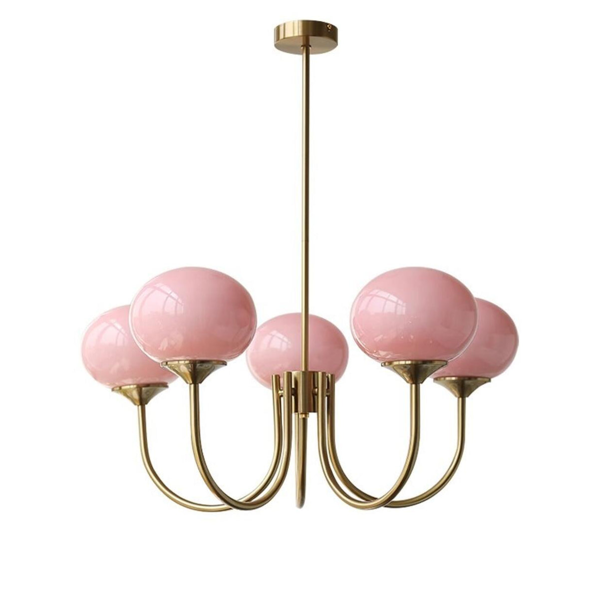 5-Light Modern Brass and Glass Globe Pink Chandelier Image - 5