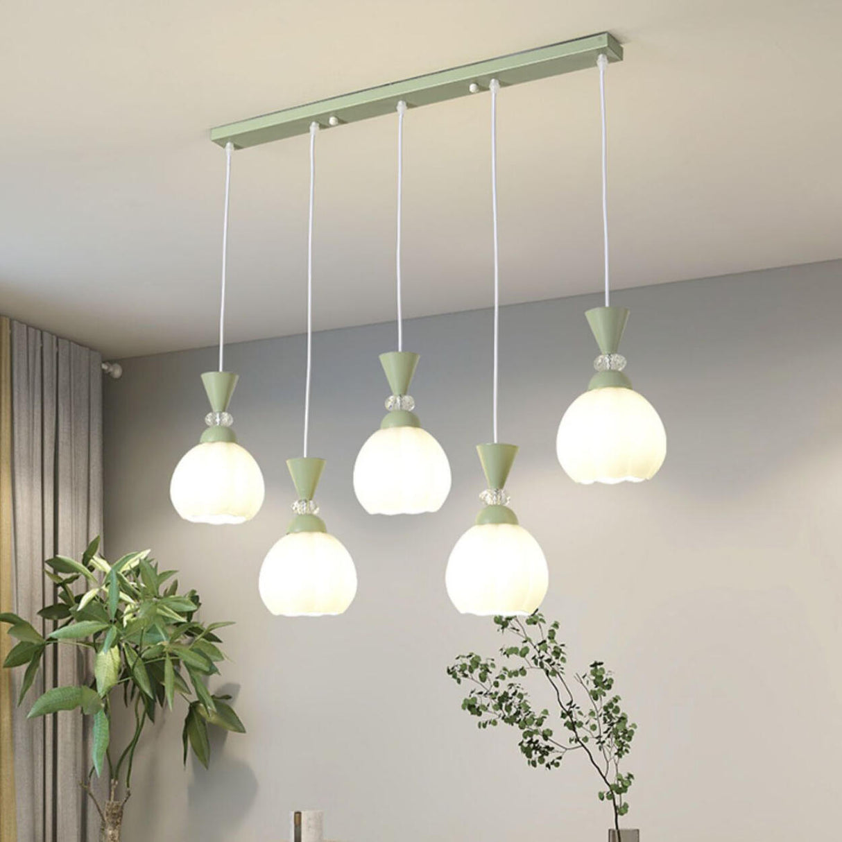 5-Light Modish Green Floral Island Chandelier Light Image - 4