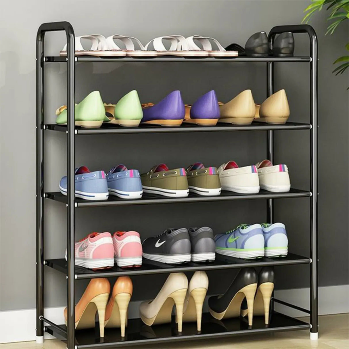 5-Tier Adjustable Shelves Metal Floor Black Large Shoe Rack Image - 1