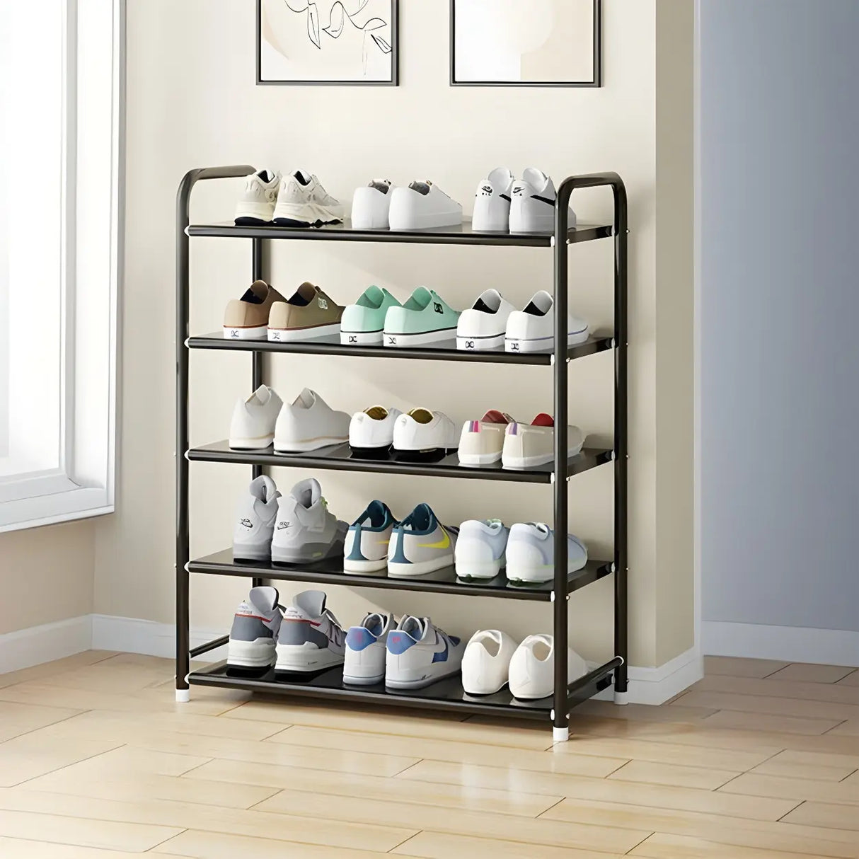 5-Tier Adjustable Shelves Metal Floor Black Large Shoe Rack Image - 2