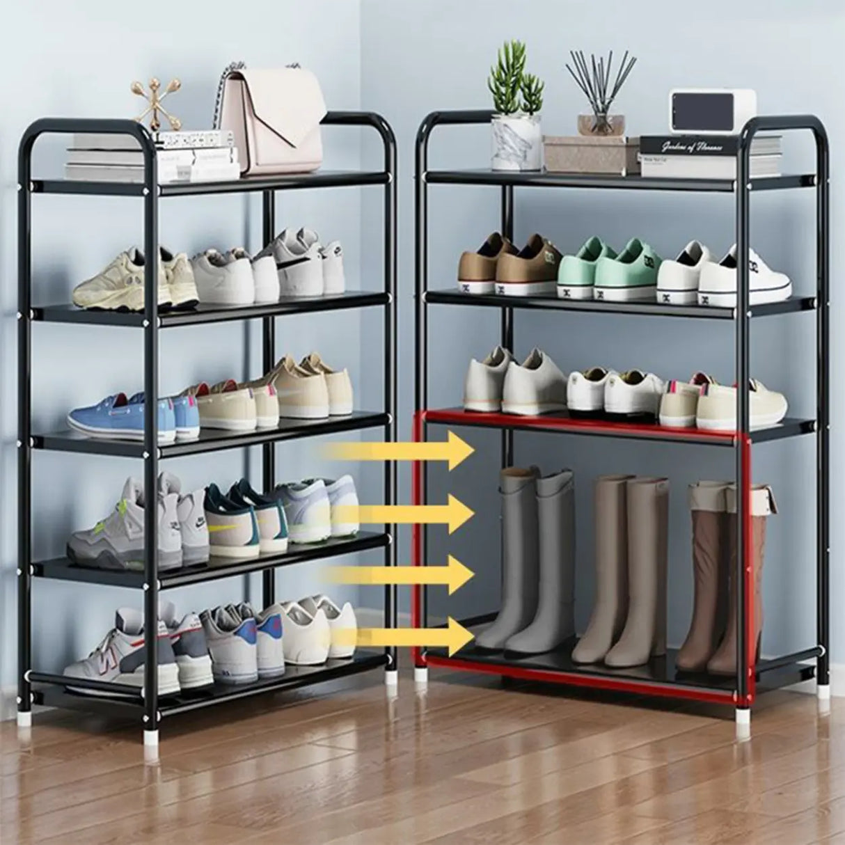 5-Tier Adjustable Shelves Metal Floor Black Large Shoe Rack Image - 3