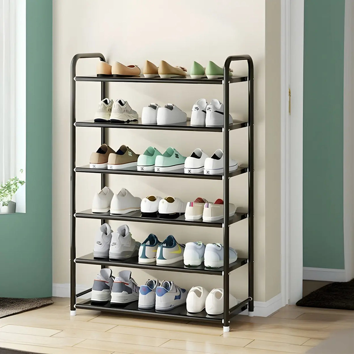 5-Tier Adjustable Shelves Metal Floor Black Large Shoe Rack Image - 6