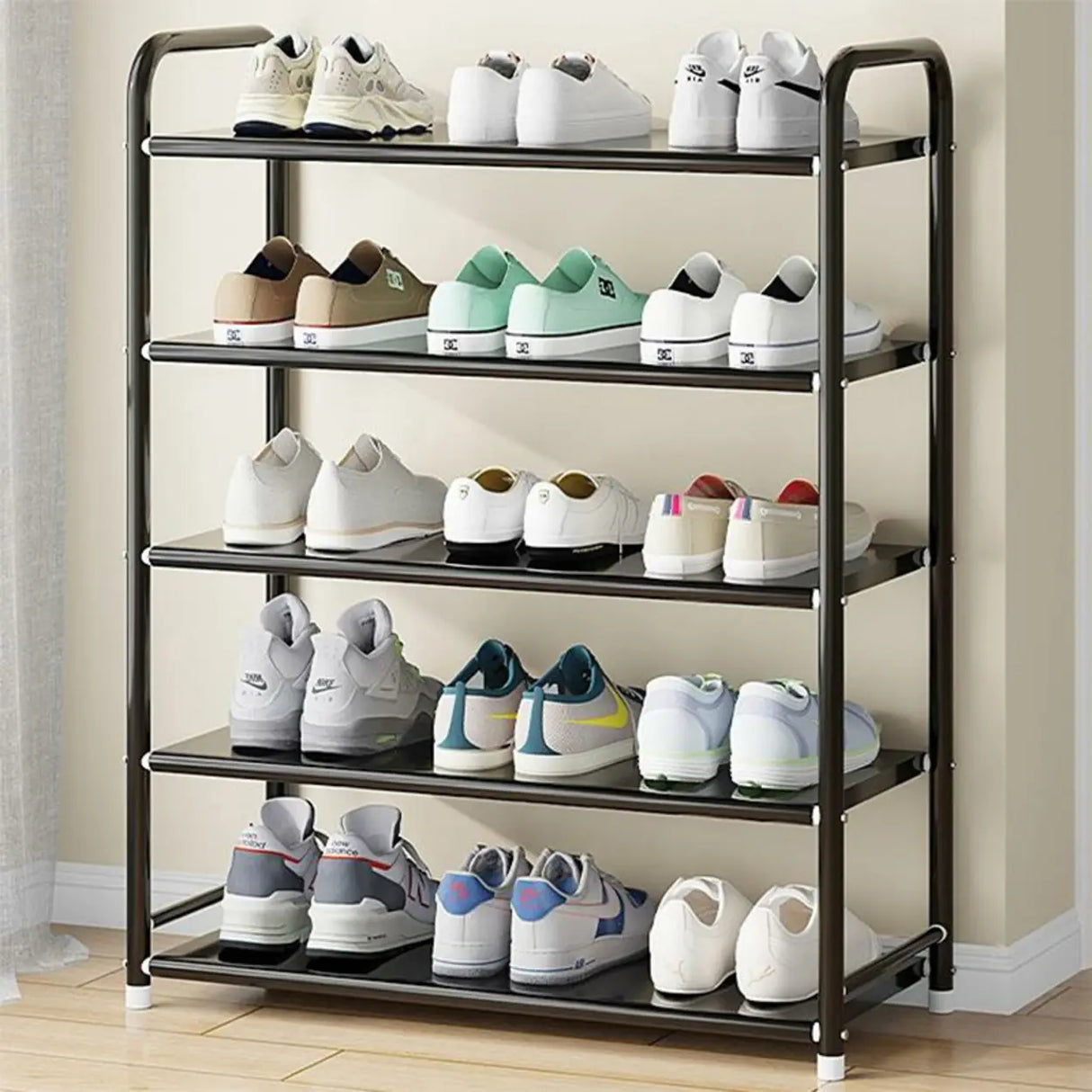 5-Tier Adjustable Shelves Metal Floor Black Large Shoe Rack Image - 7