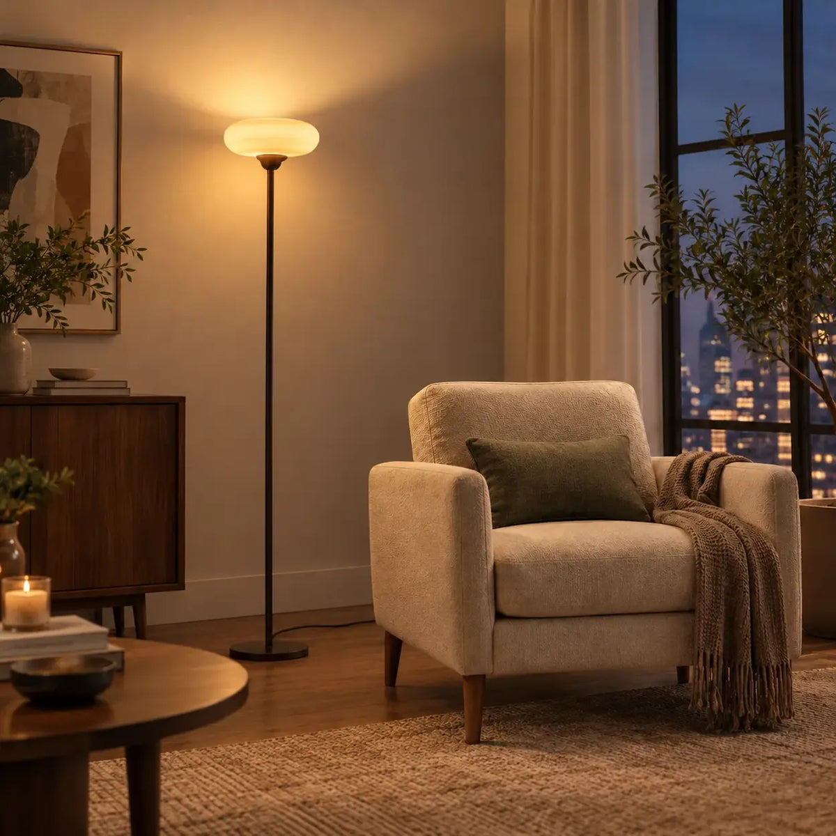 65-Inch Black Metal LED Floor Lamp with Amber Glass Shade Image - 3