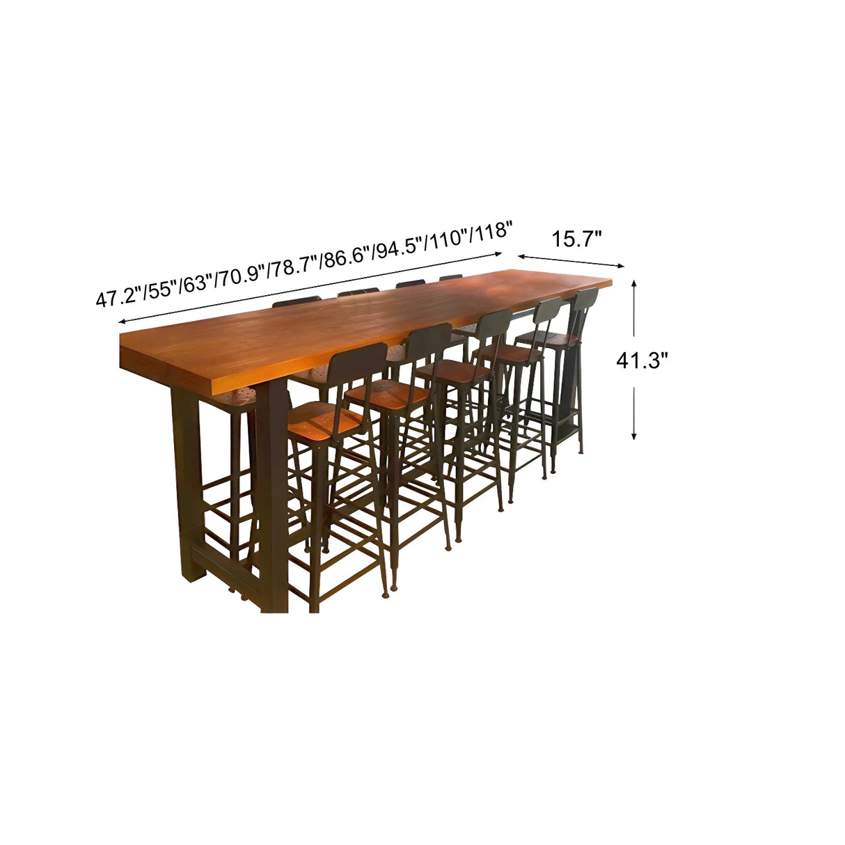 Brown Rectangular Wood Metal Long Bar Table With Footrest