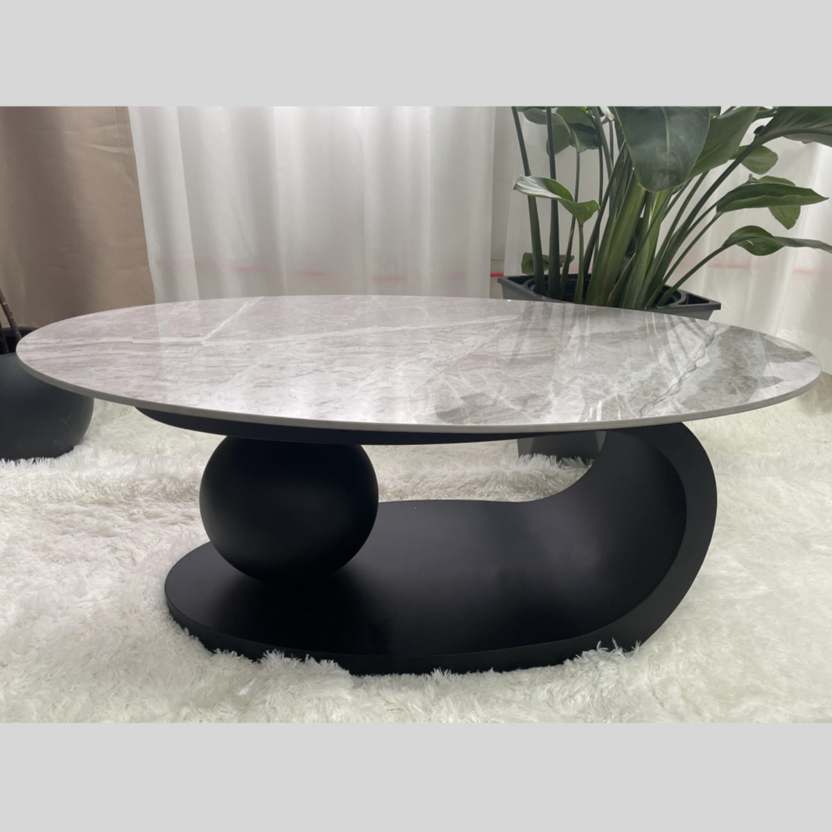 Contemporary Stone Top Abstract Metal Base Coffee Table