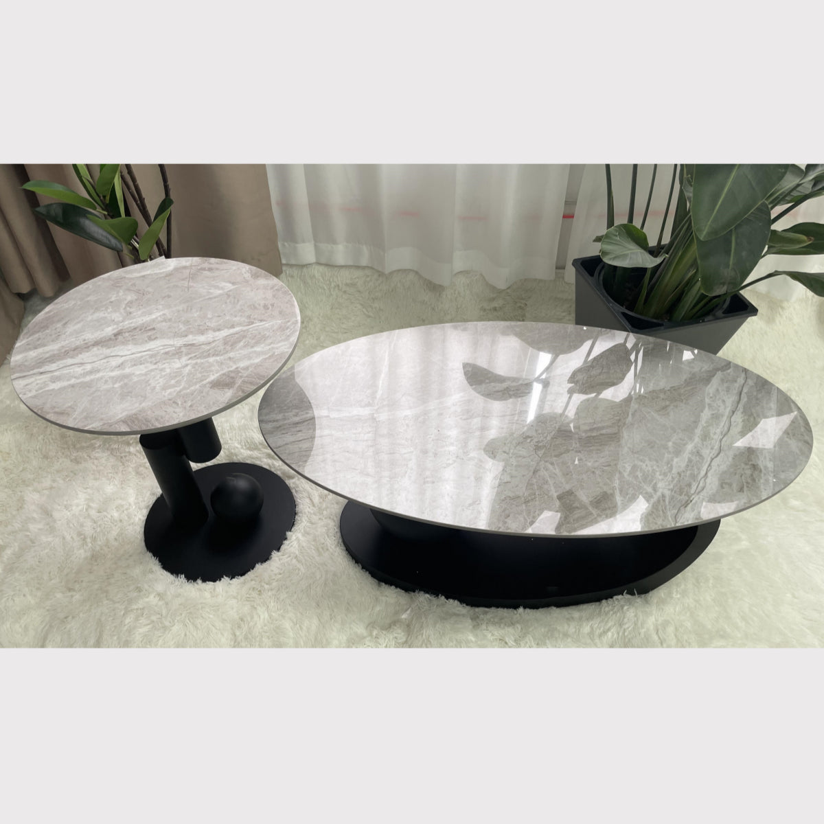 Contemporary Stone Top Abstract Metal Base Coffee Table