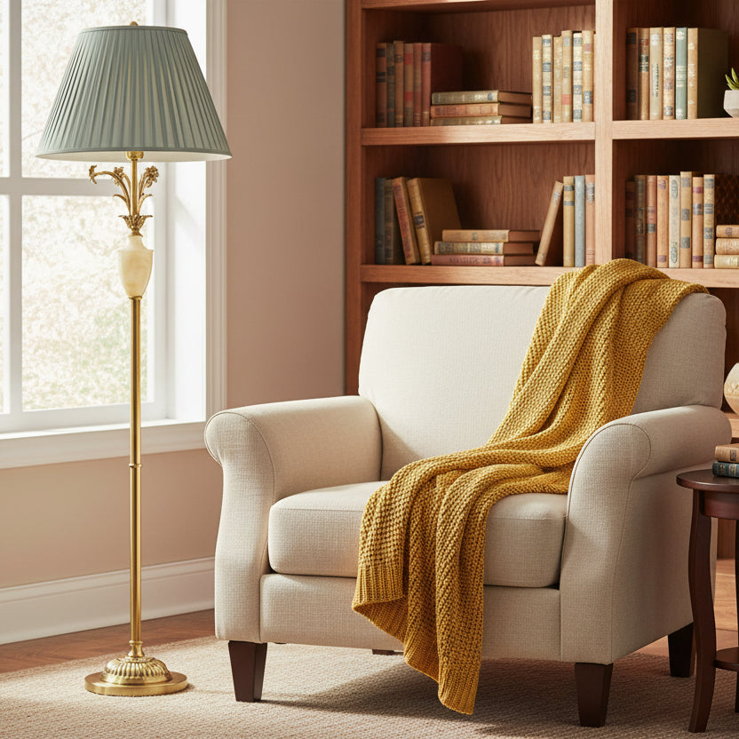 Elegant Green Pleated Shade and Gold Floor Lamp Image - 9