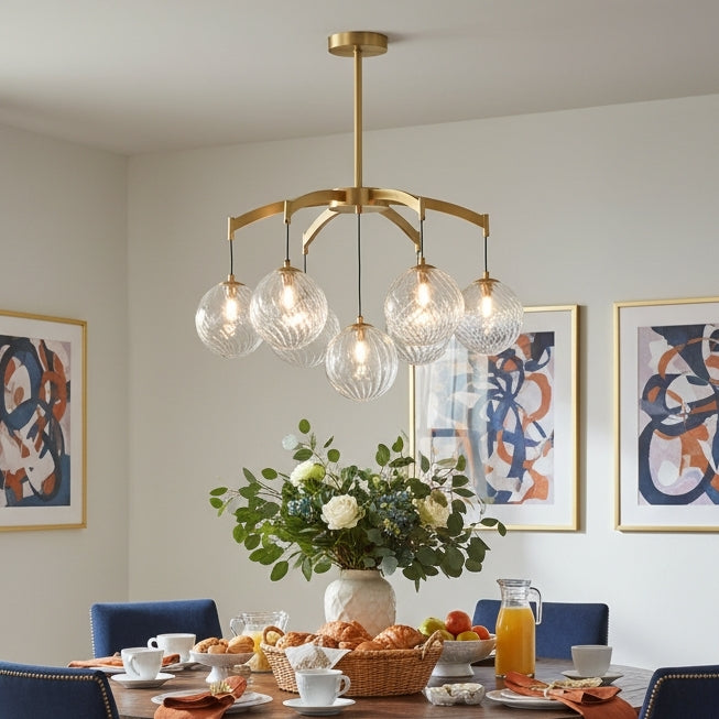 Modern 7-Light Brass Branch Textured Glass Globe Chandelier Image - 10