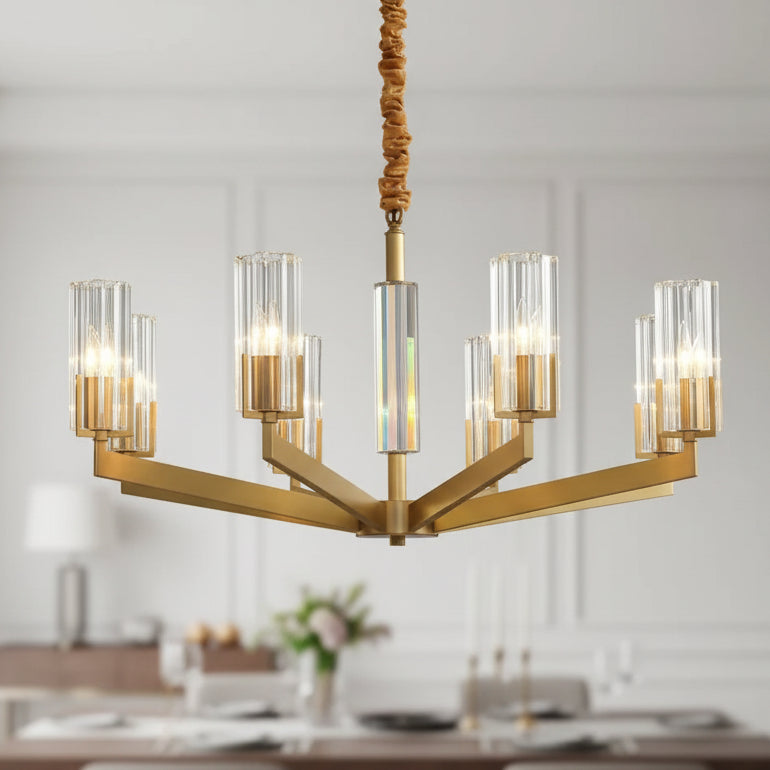 Modern 8-Light Clear Crystal Glass Gold Brass Branch Chandelier Image - 12