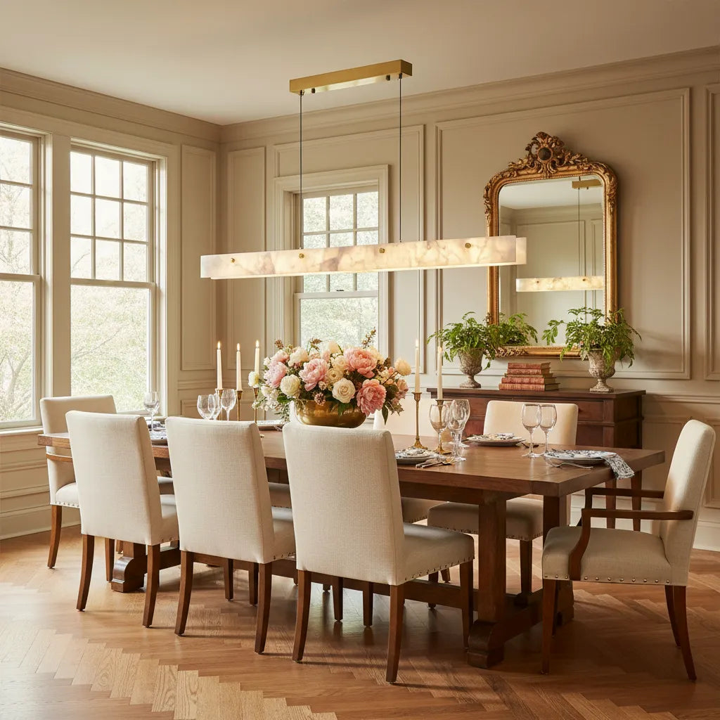 Modern Slim Alabaster Kitchen Island Linear Pendant Light Image - 11