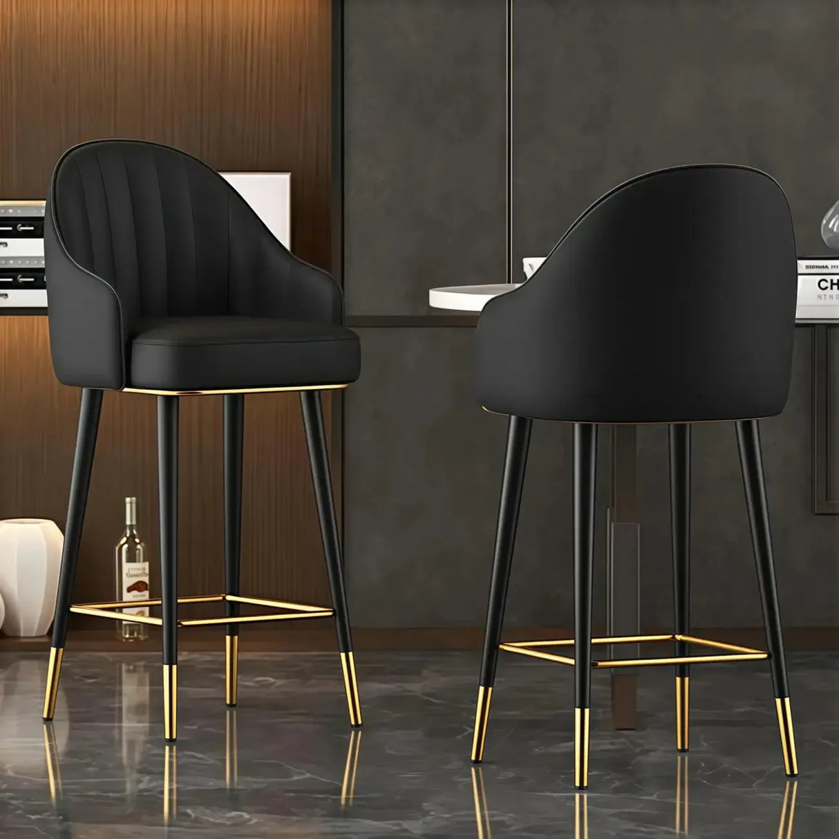 Orange Curved Leather Tall Bistro Stool with Armrest Image - 3