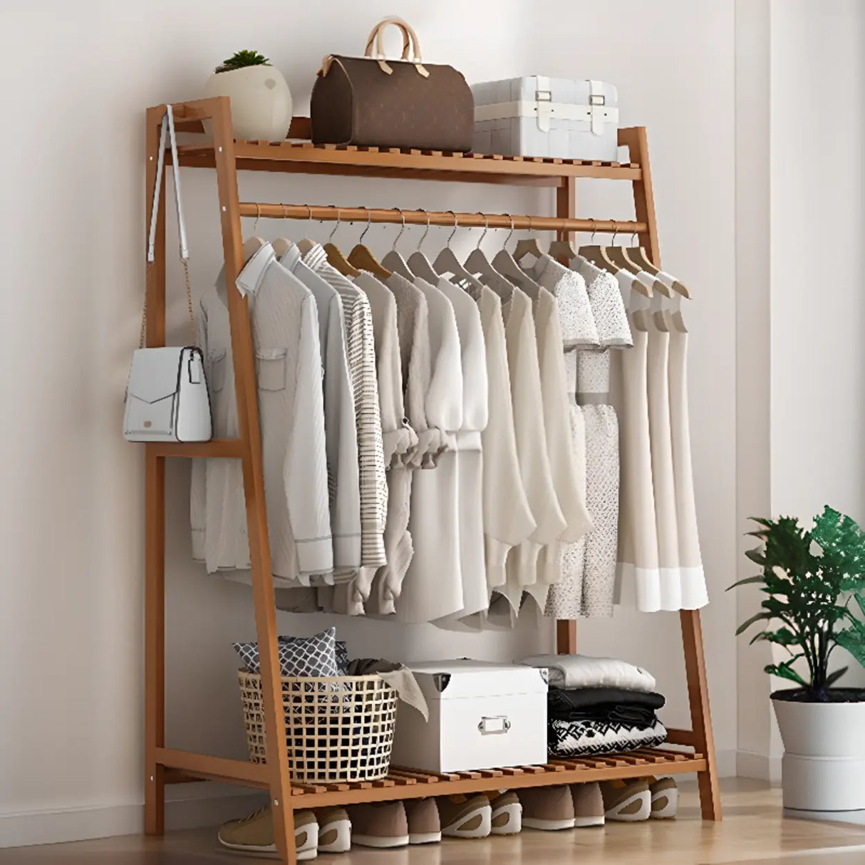 A-Frame Bamboo Natural Stand Coat Rack with Shelves Image - 12