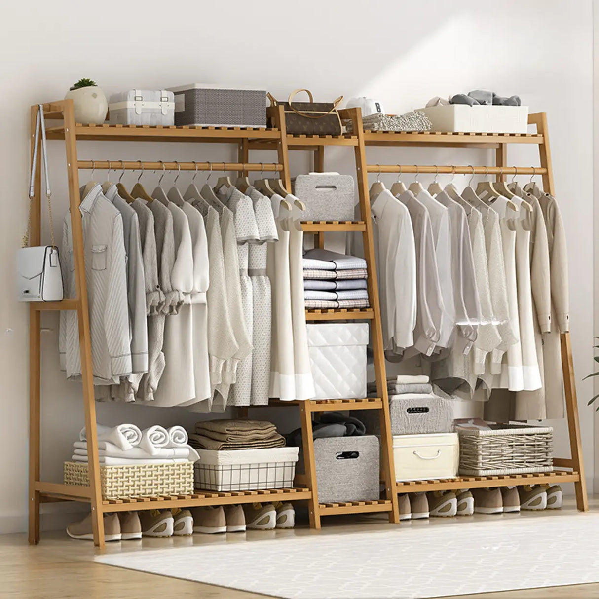 A-Frame Bamboo Natural Stand Coat Rack with Shelves Image - 13