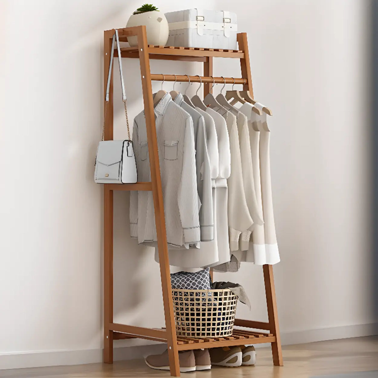 A-Frame Bamboo Natural Stand Coat Rack with Shelves Image - 14