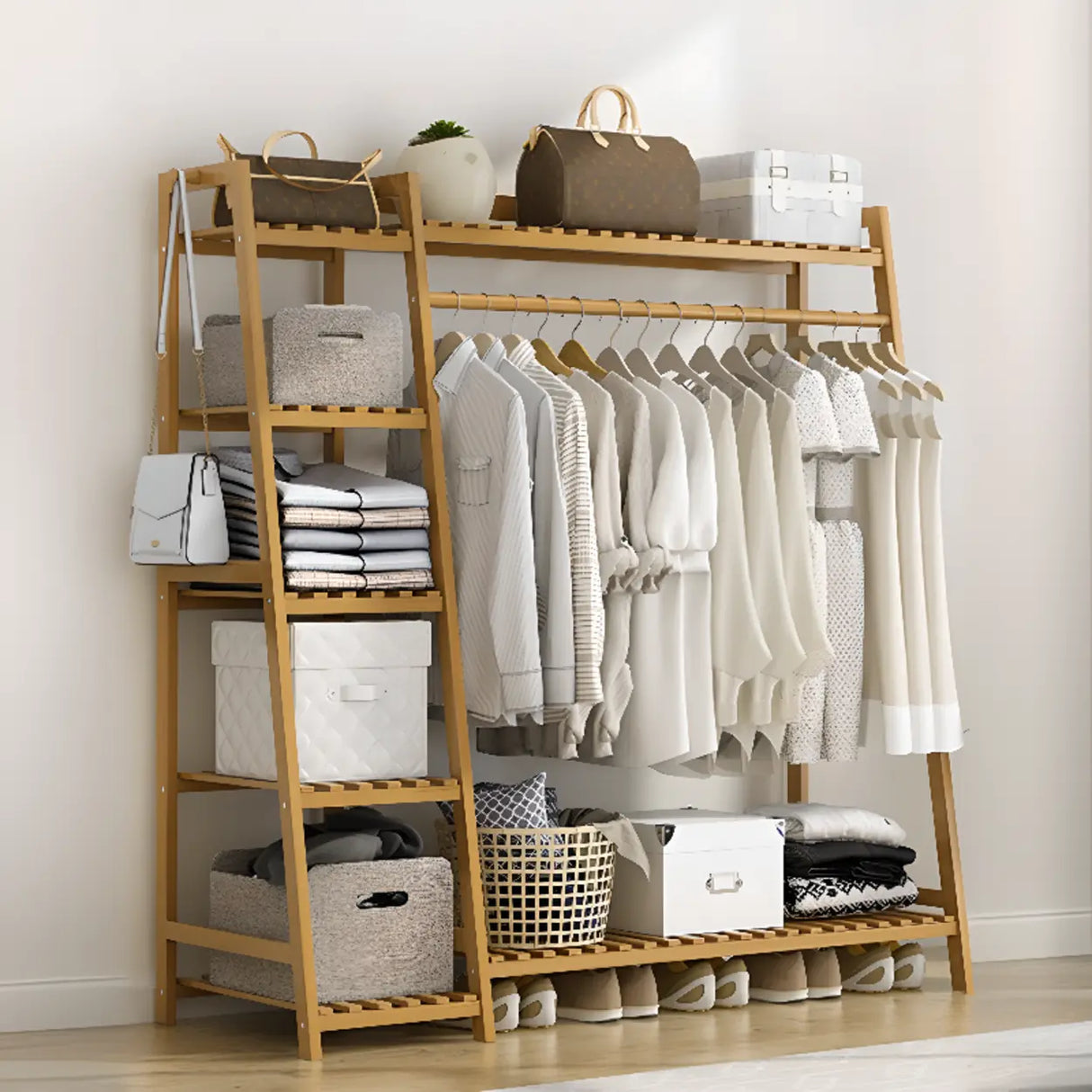 A-Frame Bamboo Natural Stand Coat Rack with Shelves Image - 15