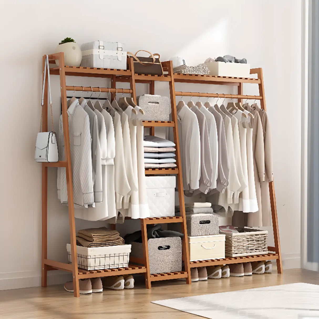 A-Frame Bamboo Natural Stand Coat Rack with Shelves Image - 16