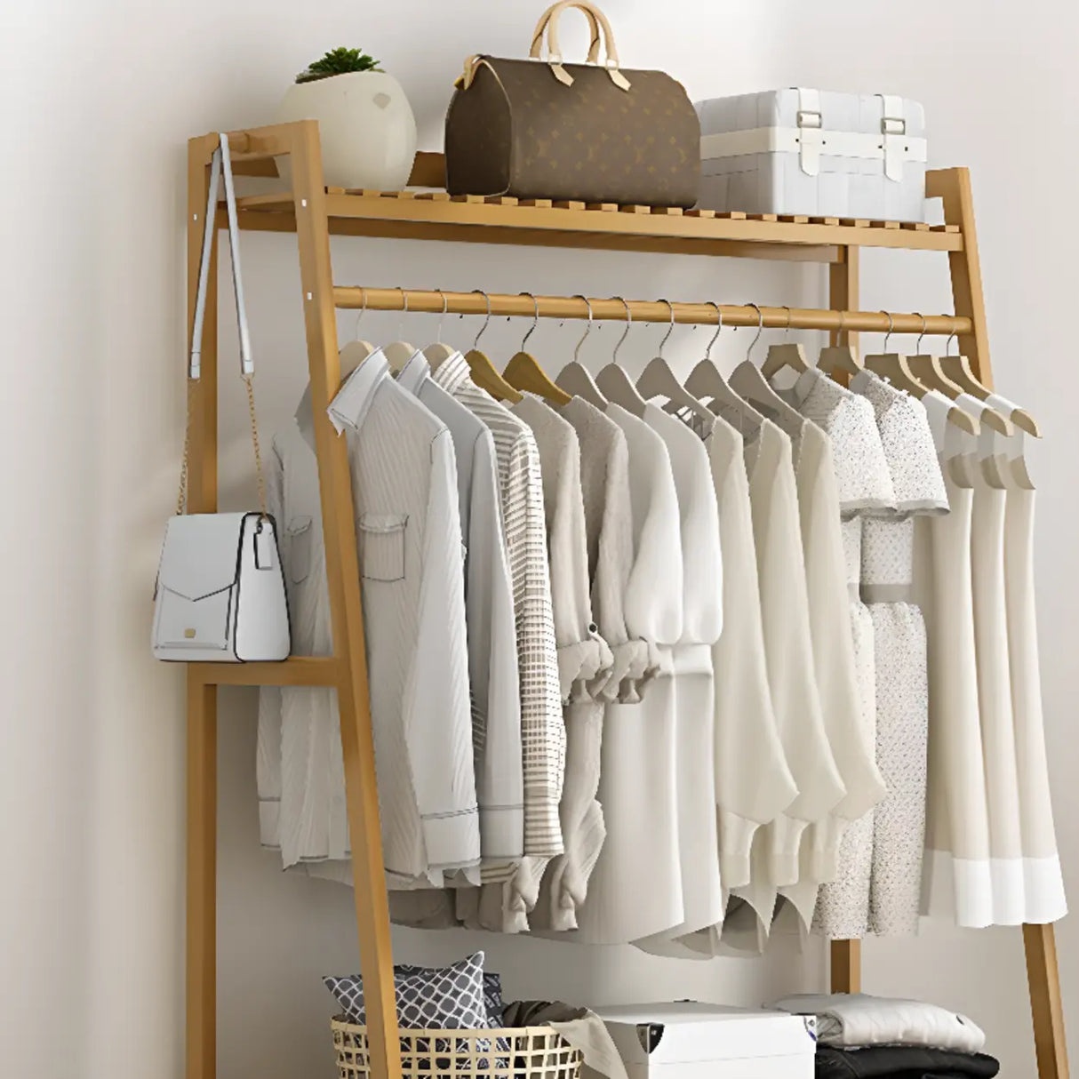 A-Frame Bamboo Natural Stand Coat Rack with Shelves Image - 17