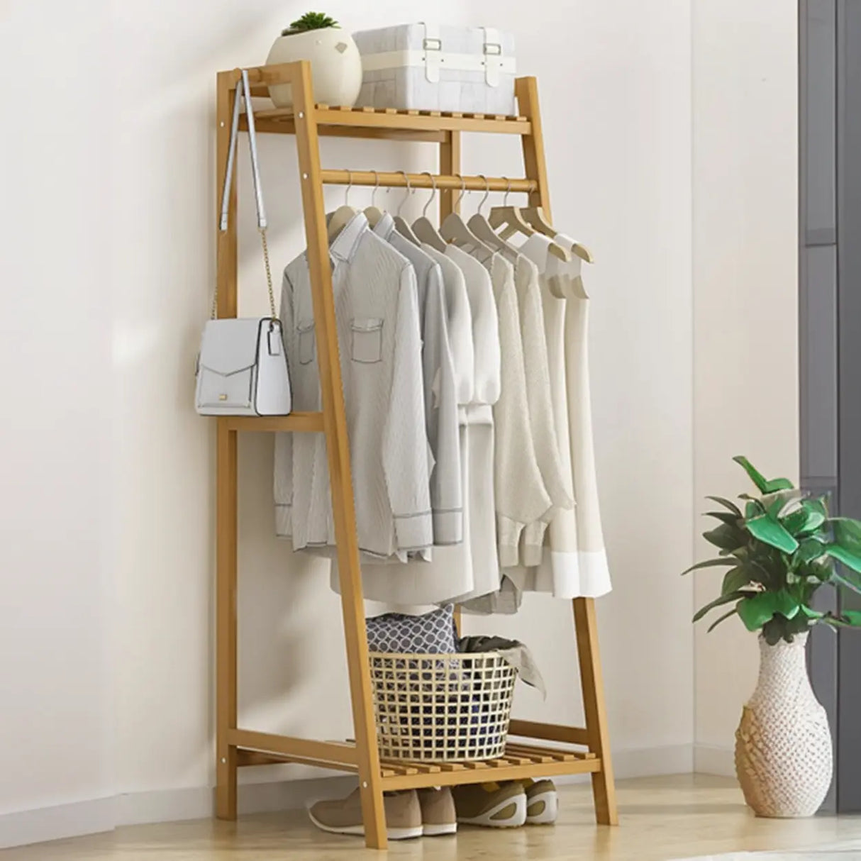 A-Frame Bamboo Natural Stand Coat Rack with Shelves Image - 18