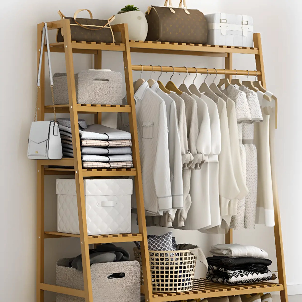 A-Frame Bamboo Natural Stand Coat Rack with Shelves Image - 19