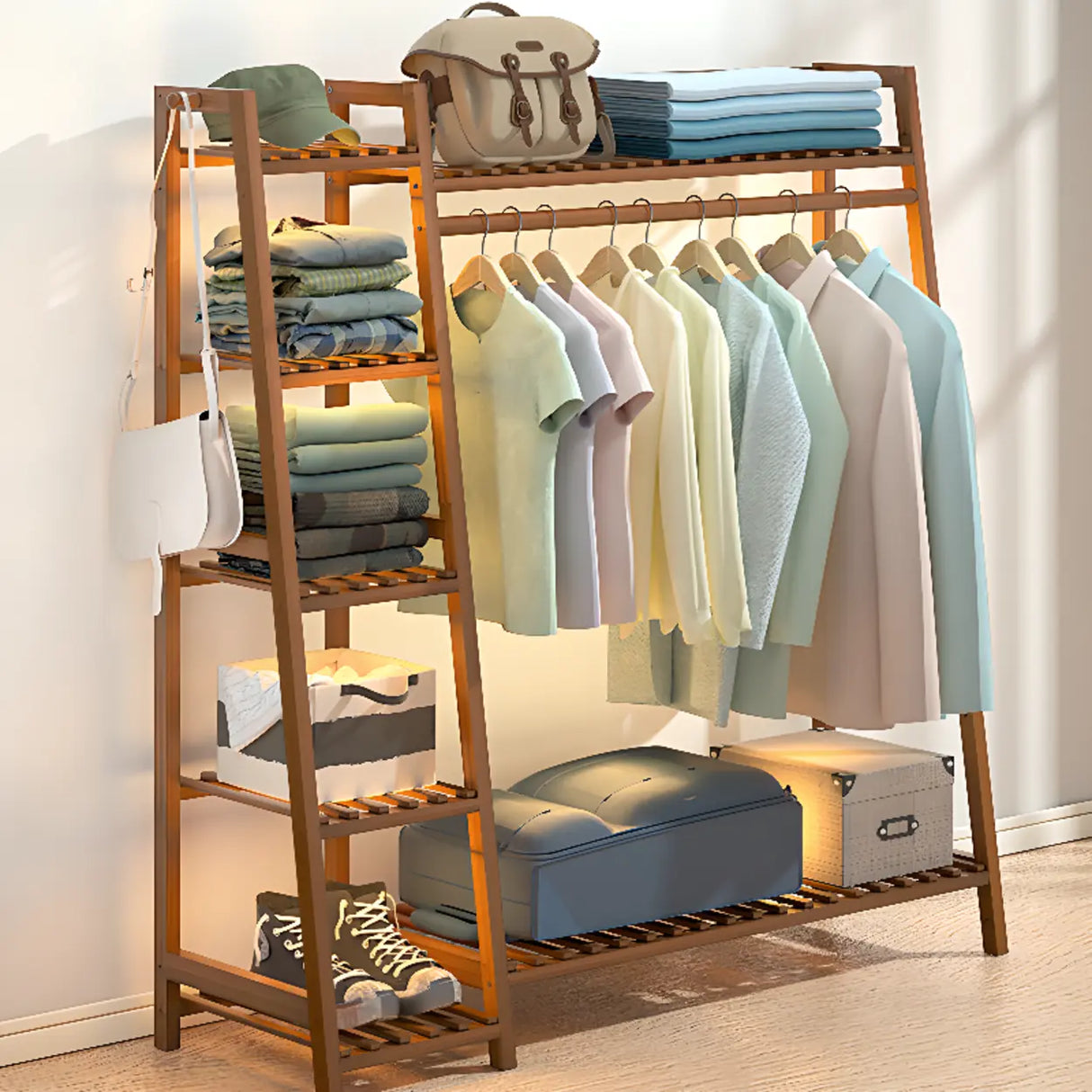 A-Frame Bamboo Natural Stand Coat Rack with Shelves Image - 1