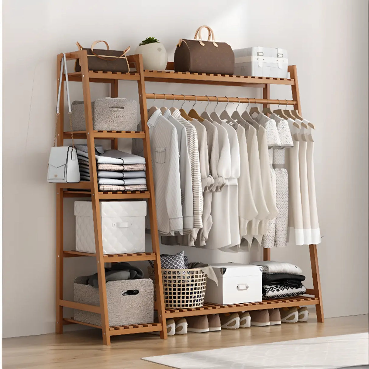 A-Frame Bamboo Natural Stand Coat Rack with Shelves Image - 20