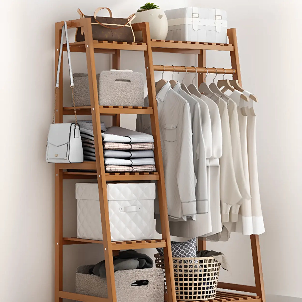 A-Frame Bamboo Natural Stand Coat Rack with Shelves Image - 21