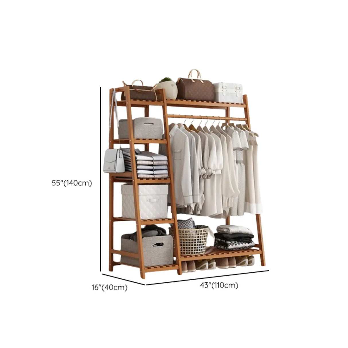 A-Frame Bamboo Natural Stand Coat Rack with Shelves Image - 23