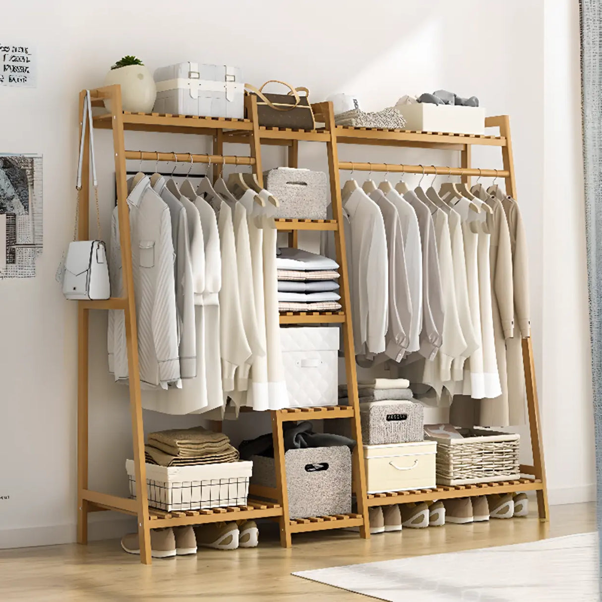 A-Frame Bamboo Natural Stand Coat Rack with Shelves Image - 2