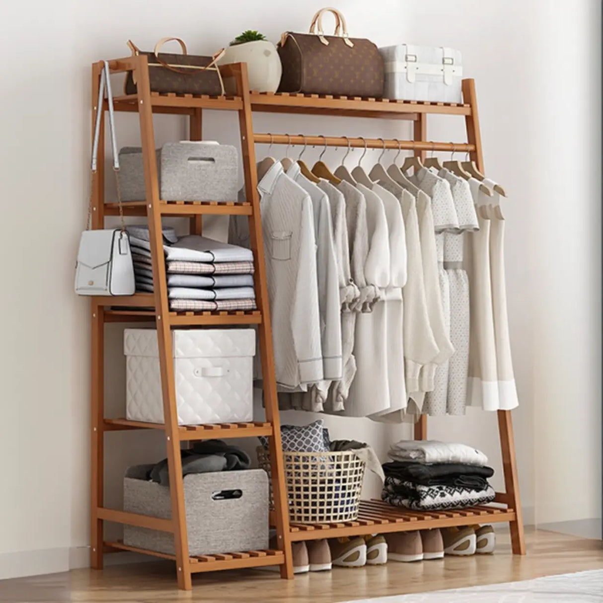 A-Frame Bamboo Natural Stand Coat Rack with Shelves Image - 3