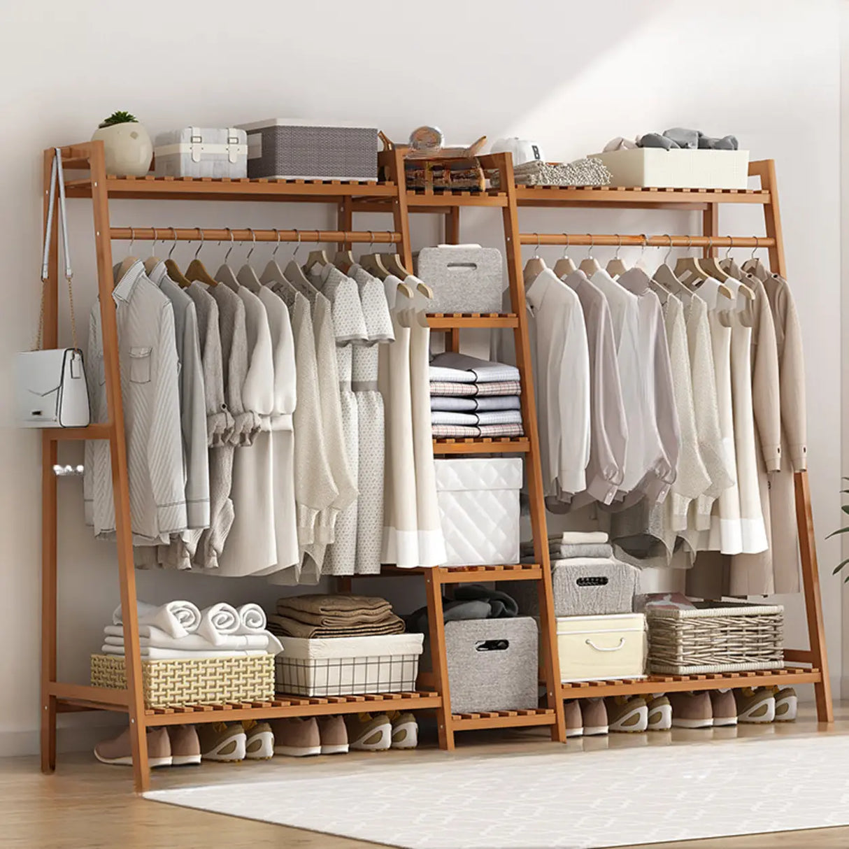 A-Frame Bamboo Natural Stand Coat Rack with Shelves Image - 4