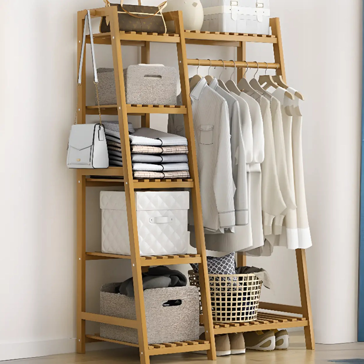 A-Frame Bamboo Natural Stand Coat Rack with Shelves Image - 5