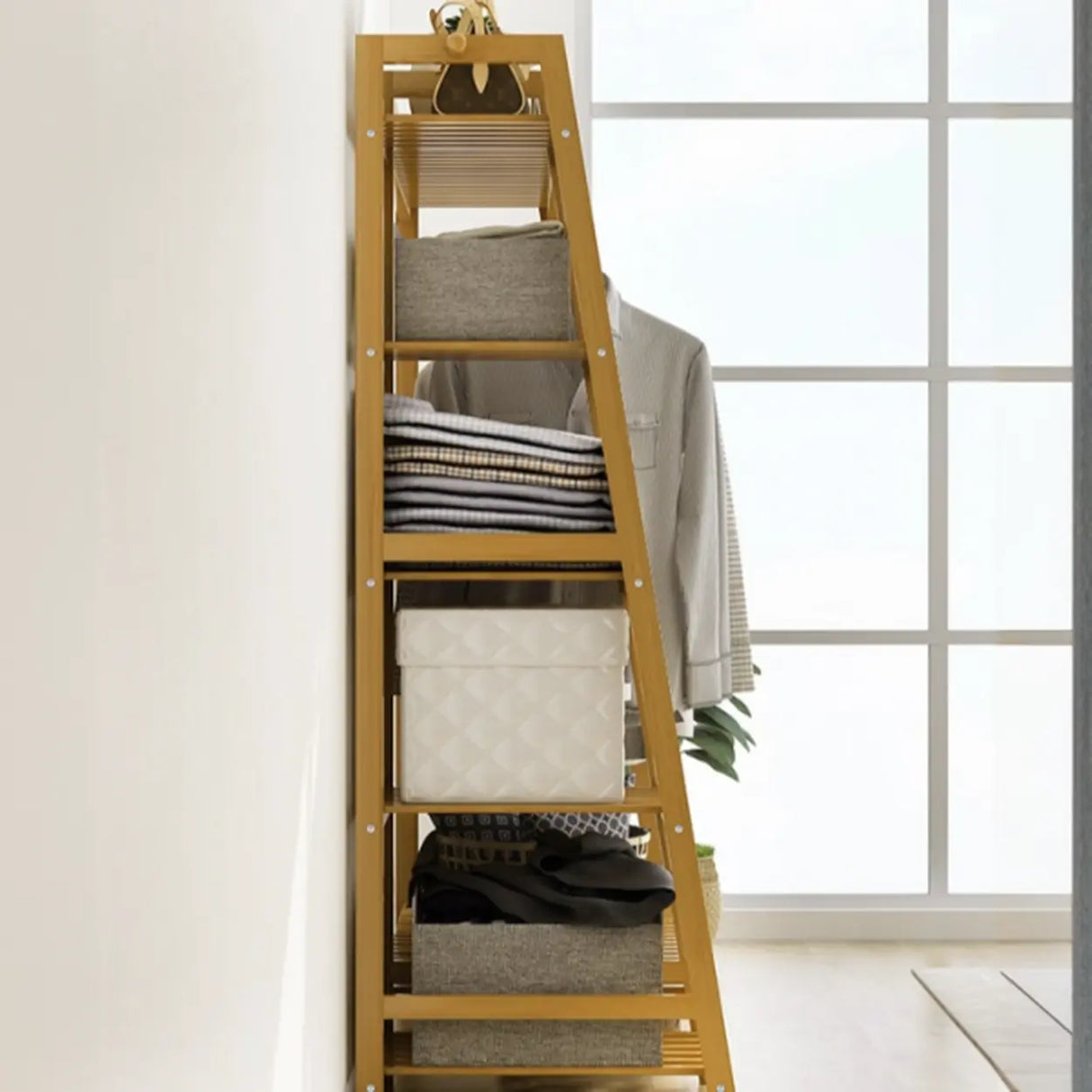 A-Frame Bamboo Natural Stand Coat Rack with Shelves Image - 7