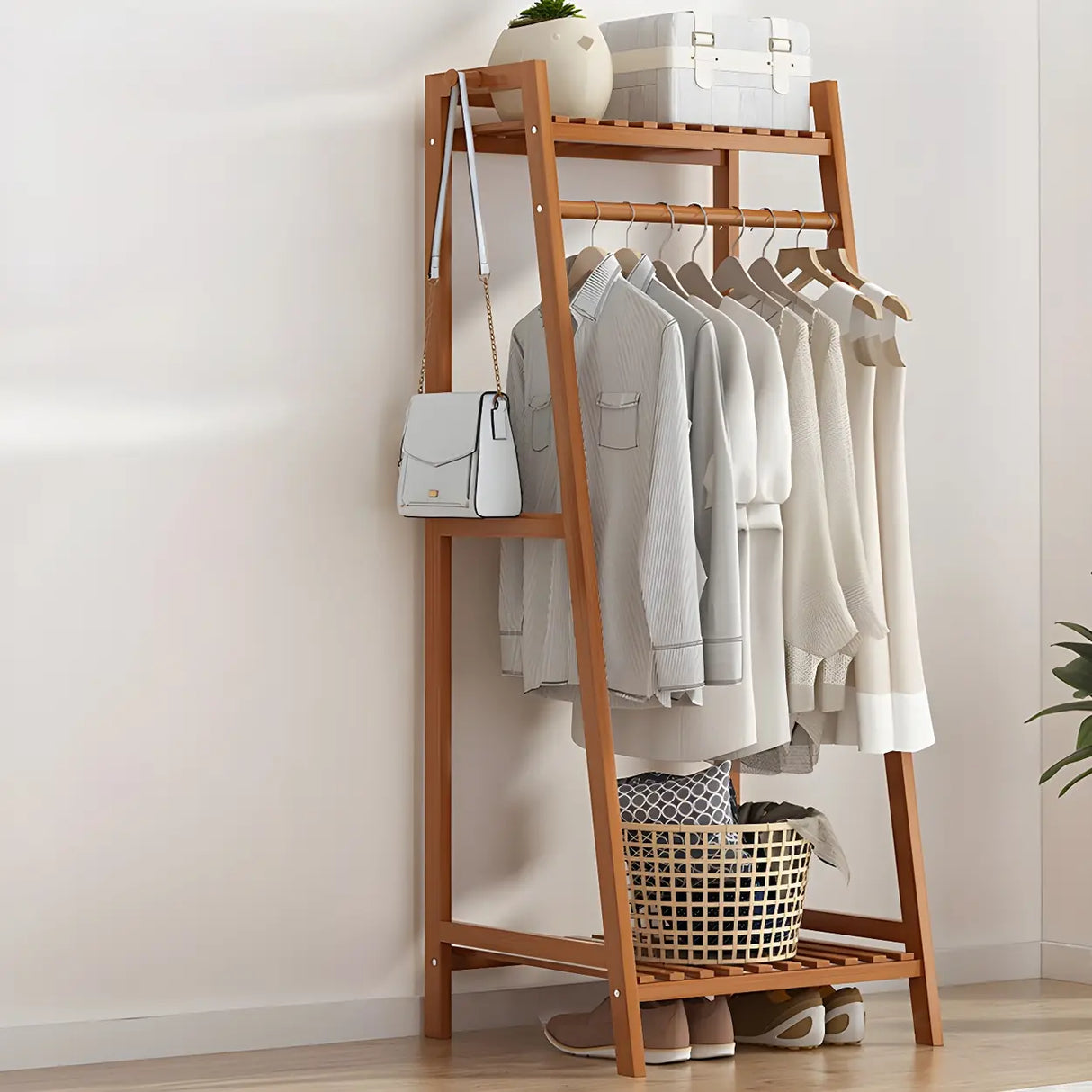 A-Frame Bamboo Tan High Garment Coat Rack with Shelf Image - 10