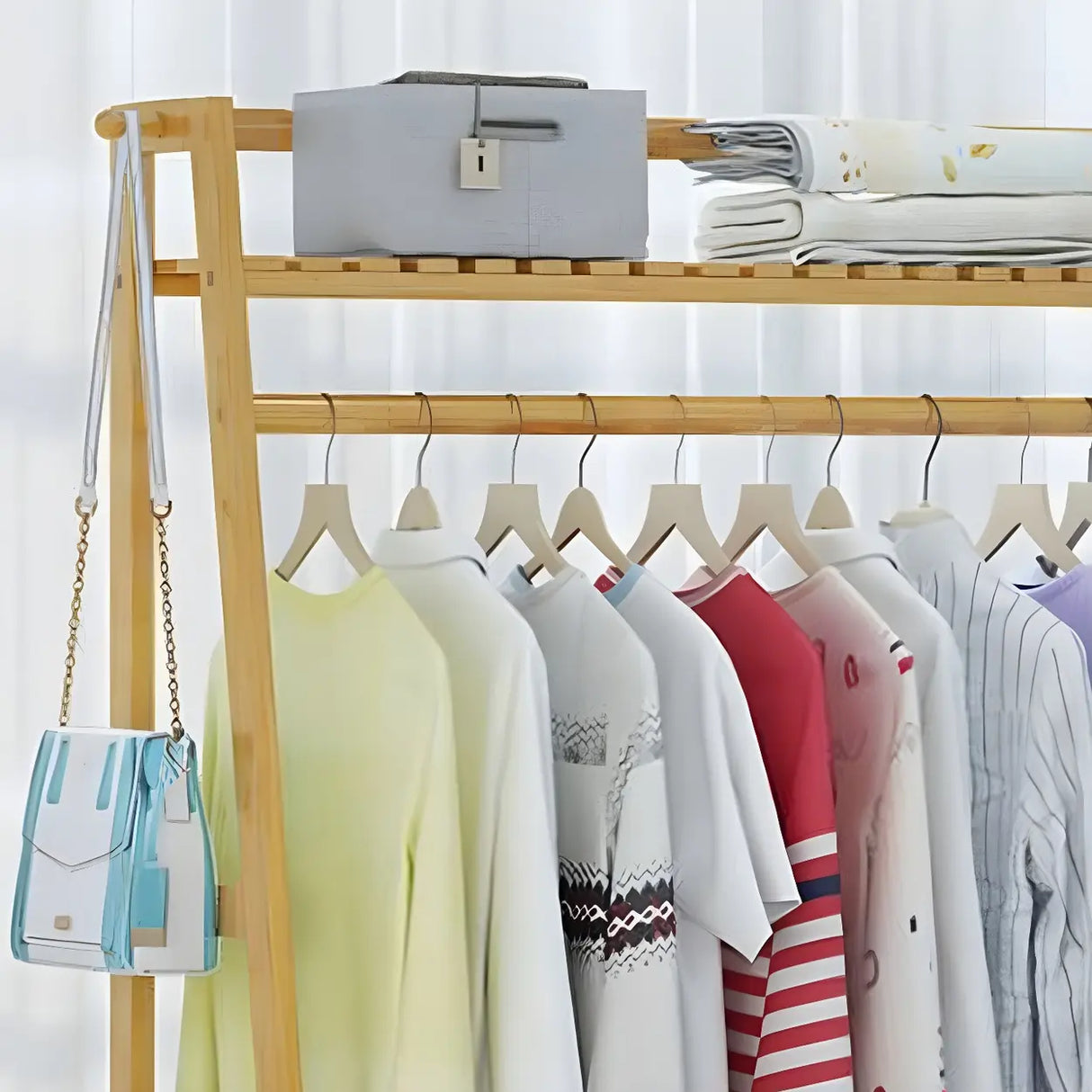 A-Frame Bamboo Tan High Garment Coat Rack with Shelf Image - 11