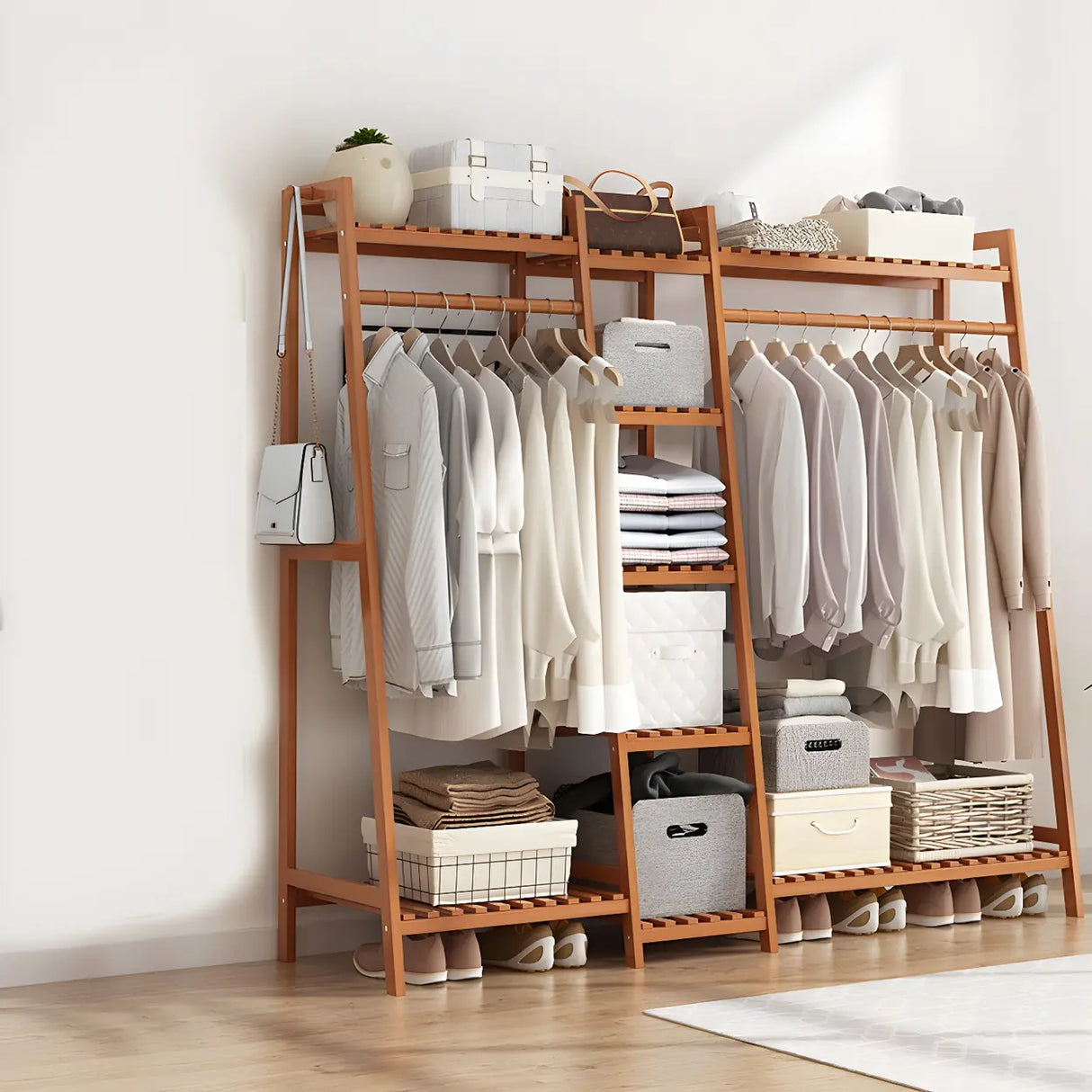 A-Frame Bamboo Tan High Garment Coat Rack with Shelf Image - 12