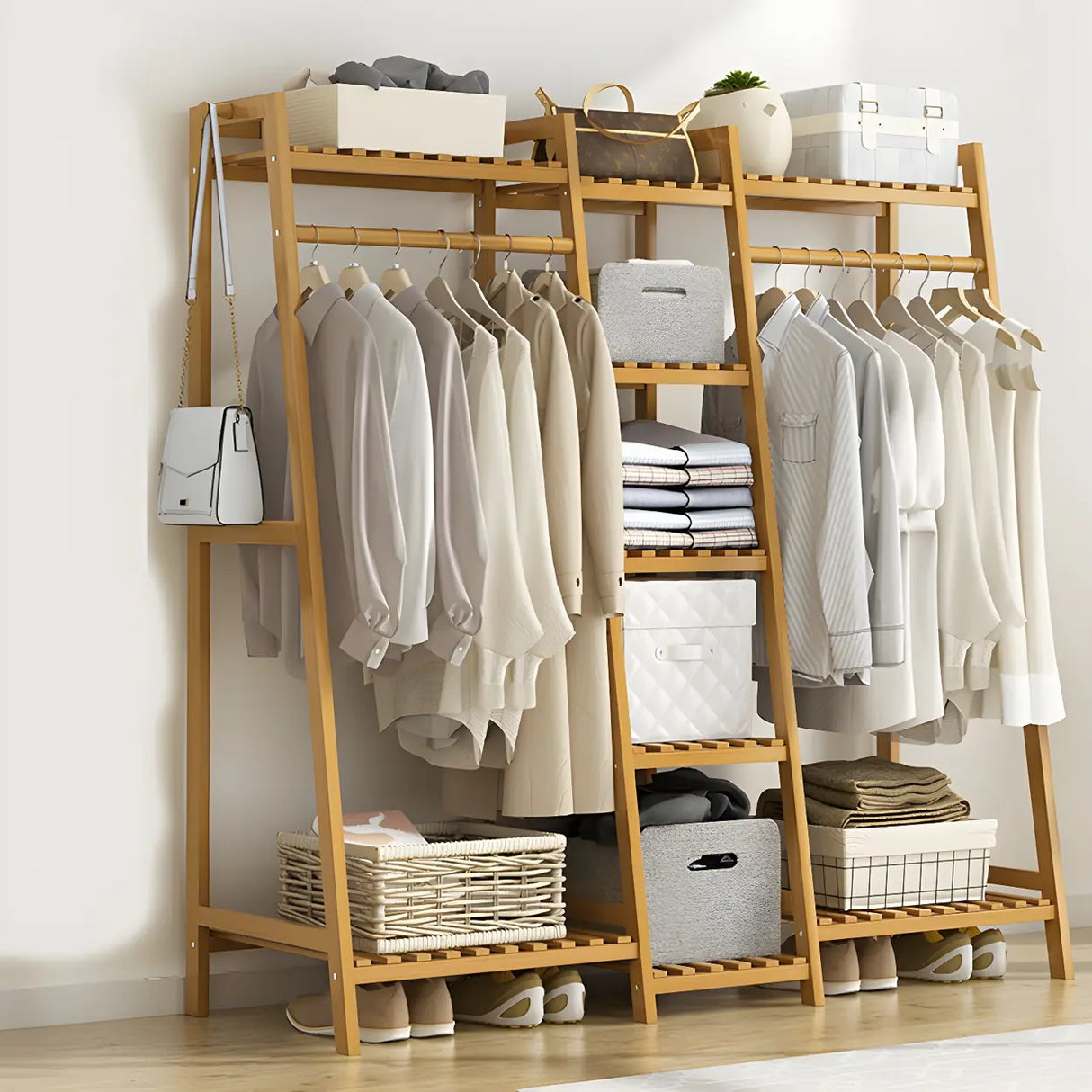 A-Frame Bamboo Tan High Garment Coat Rack with Shelf Image - 14