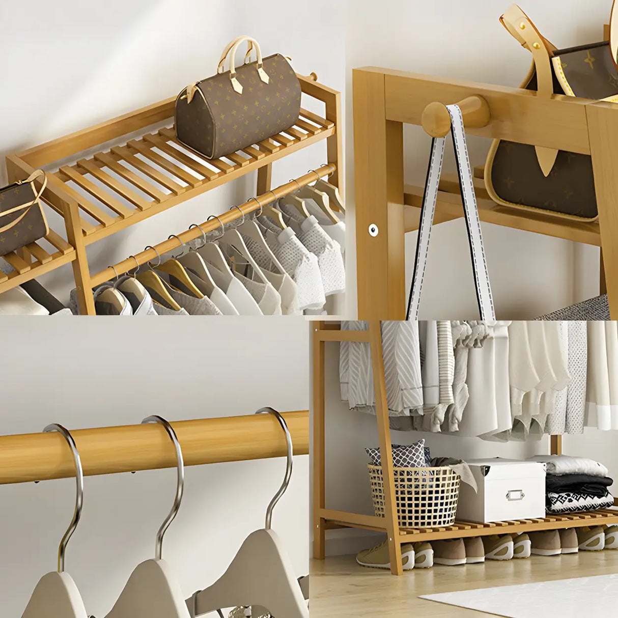 A-Frame Bamboo Tan High Garment Coat Rack with Shelf Image - 15