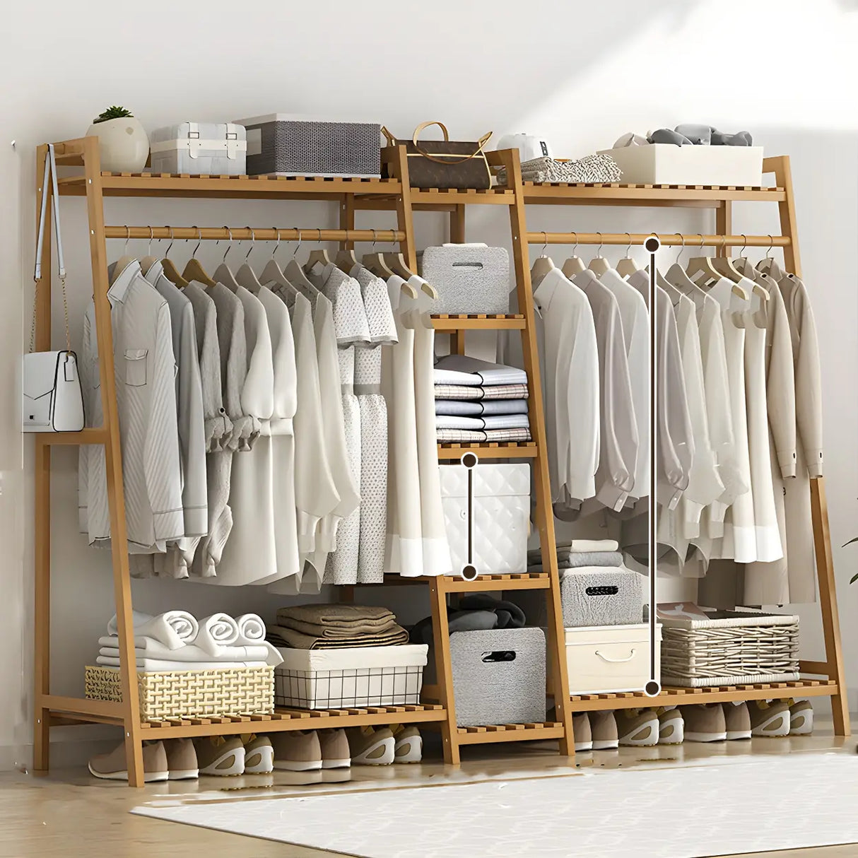 A-Frame Bamboo Tan High Garment Coat Rack with Shelf Image - 16